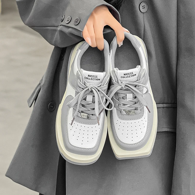 CICIYANG Sneakers Women Genuine Leather 2023 New Spring Shoes Fashion Square Head Girls School Ball Shoes Low-top Couple Shoes