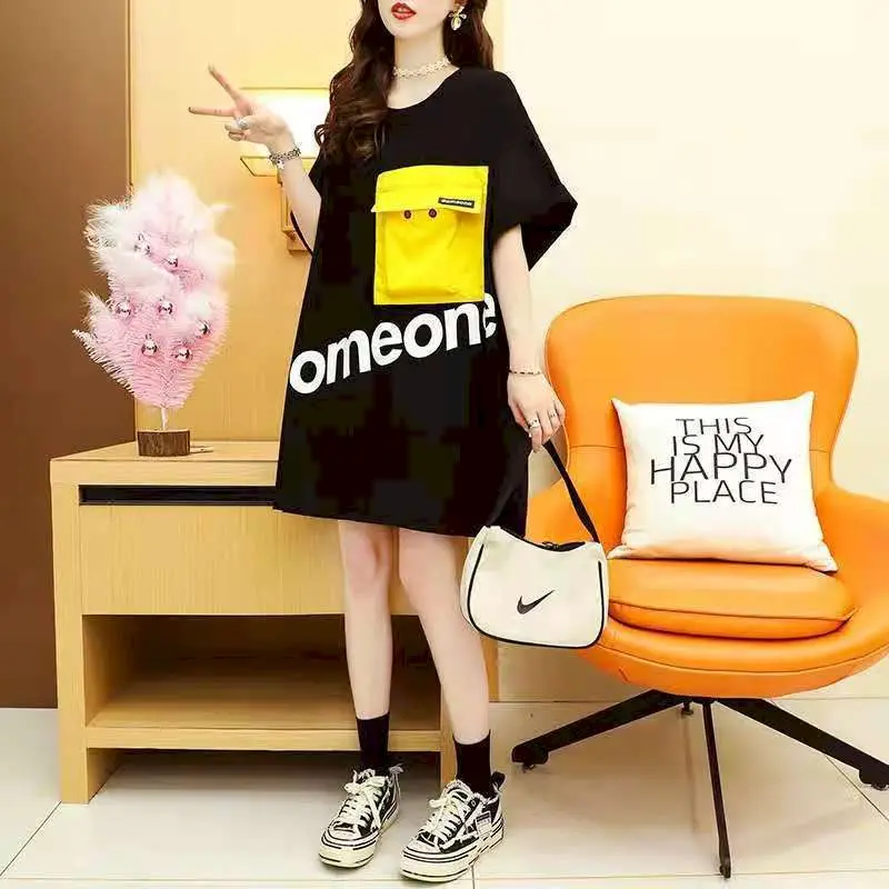 

Mid Length T Shirts Women Fashion Pocket Patchwork Short Sleeve Tops Summer Trend Loose Tshirt Korean Style Slim T-shirt Y2k Top