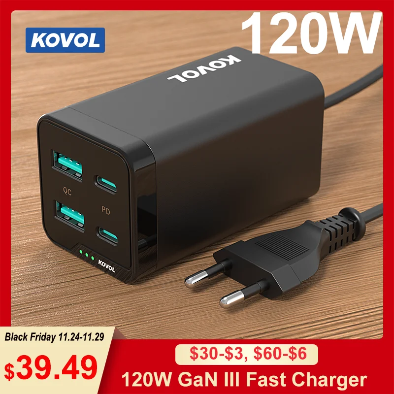 

KOVOL 120W 100W GaN Charger Desktop Laptop USB Charger Fast Charging for PC Laptop MacBook Pro iPad iPhone 14 13 Phone Charger