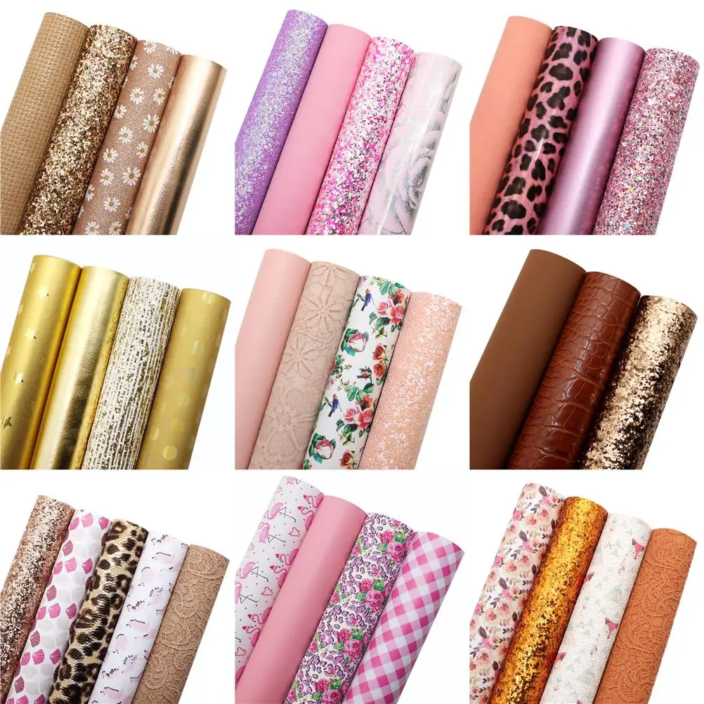 Mix Craft Faux Leather Sheets Glitter Laser Embossed Synthetic Leather Set Vinyl Fabric DIY Earring Bows Home Textile,1Yc28192