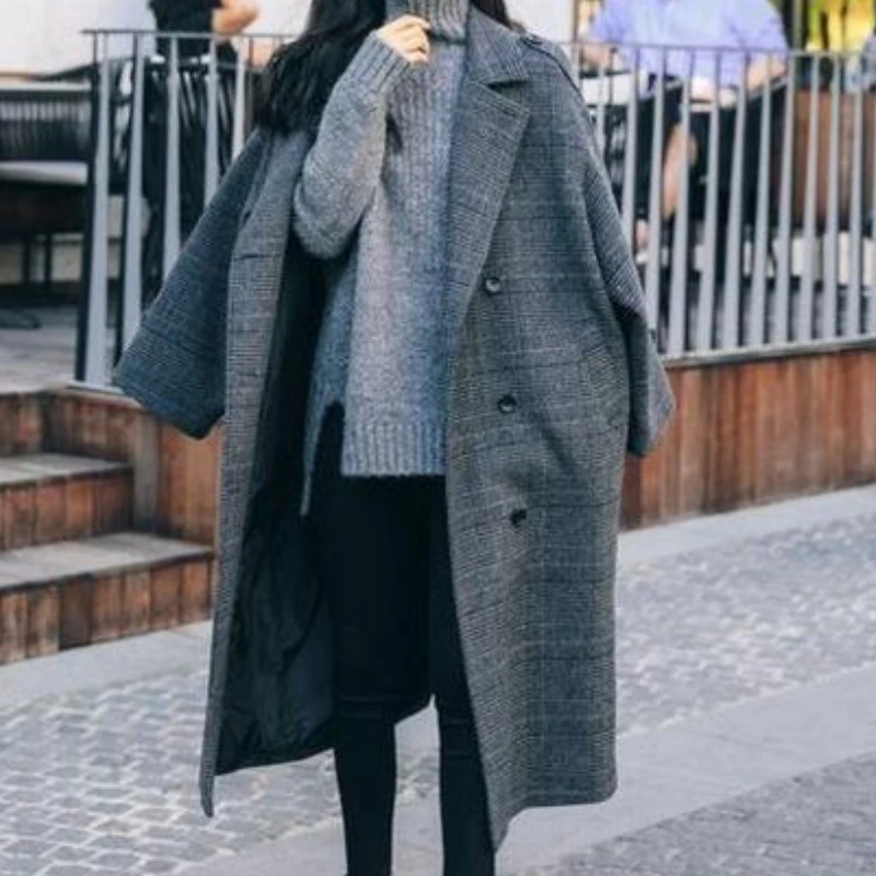 

Autumn Winter Preppy Student Loose Over-the-knee Woolen Jackets Female Plaid Coats Women's Mid-length Korean Thicken Windbreaker