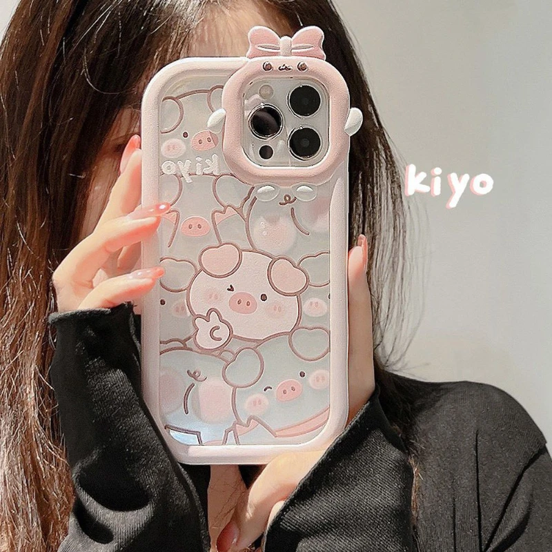 

Cartoon Cute Pink Pig Transparent Lens Fully Enclosed Case For iphone14 Pro 11 12 13 Max XS XR SE X 7 8Plus Fashion New Products