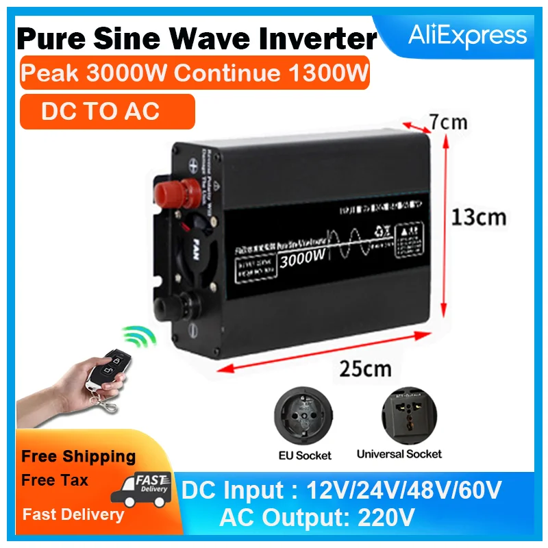 

3000W Inverter 12V 24V 48V 60V To AC 220V Solar Remote Control Switching Power Supply Inverter Pure Sine Wave