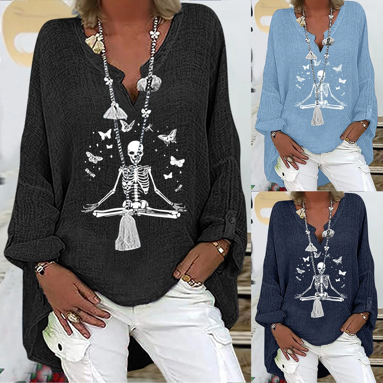

Womens Long Sleeve V Neck Skeleton Printed Irregular Hem Top T Shirt Casual Linen Blend Girl Top Elegant Lace Top Outdoor Warm