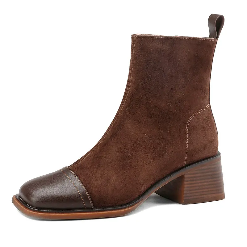 

Patchwork Genuine Suede Leather Basic Women Ankle Boots Autumn Winter Office Ladies Concise Square Toe Thick Heels Shoes Woman