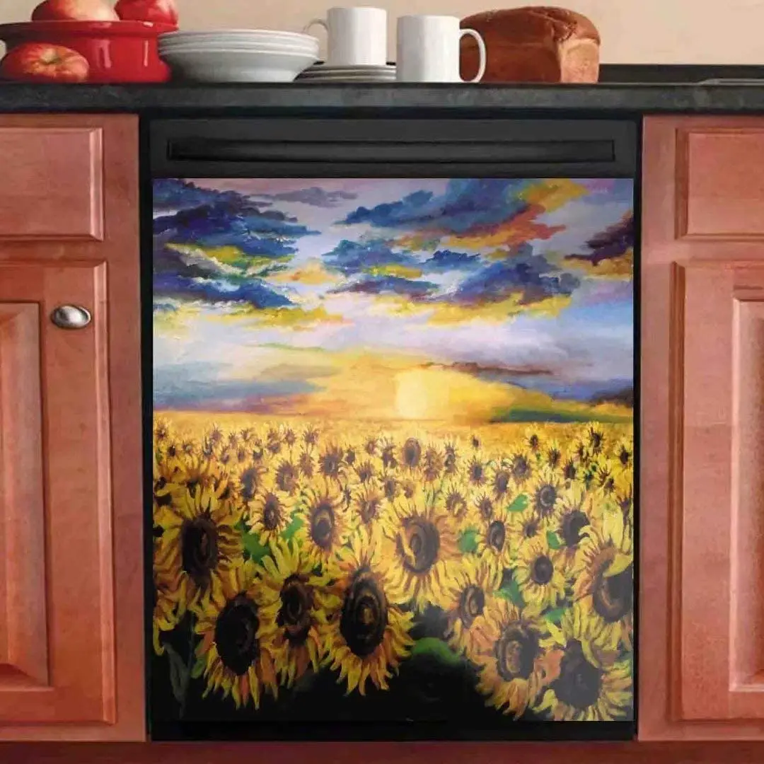 

Beautiful Art Oil Painting of Sunflowers with Sunset Dishwasher Door Sticker Cover Vinyl Magnetic Panel Decal Refrigerator Magne
