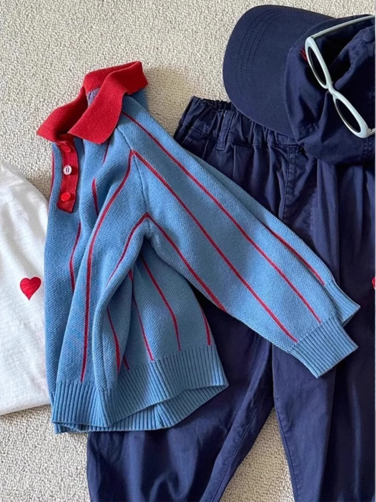 Korean Series Blue Red Stripe Polo Collar Knit Women 2024 Autumn New Small Dopamine Wear Top