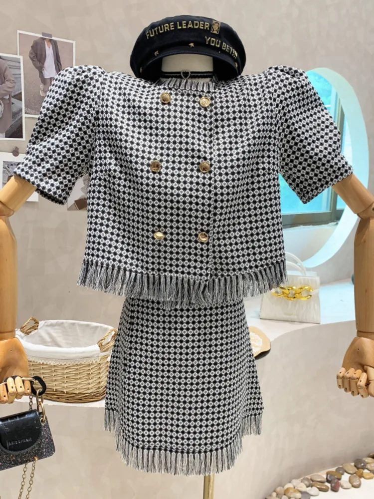 

Vintage Tassel Plaid Blouses Skirts 2 Piece Set Korean Summer Elegant Loose Short Sleeve Crop Top High Waist Mini Skirt Suit