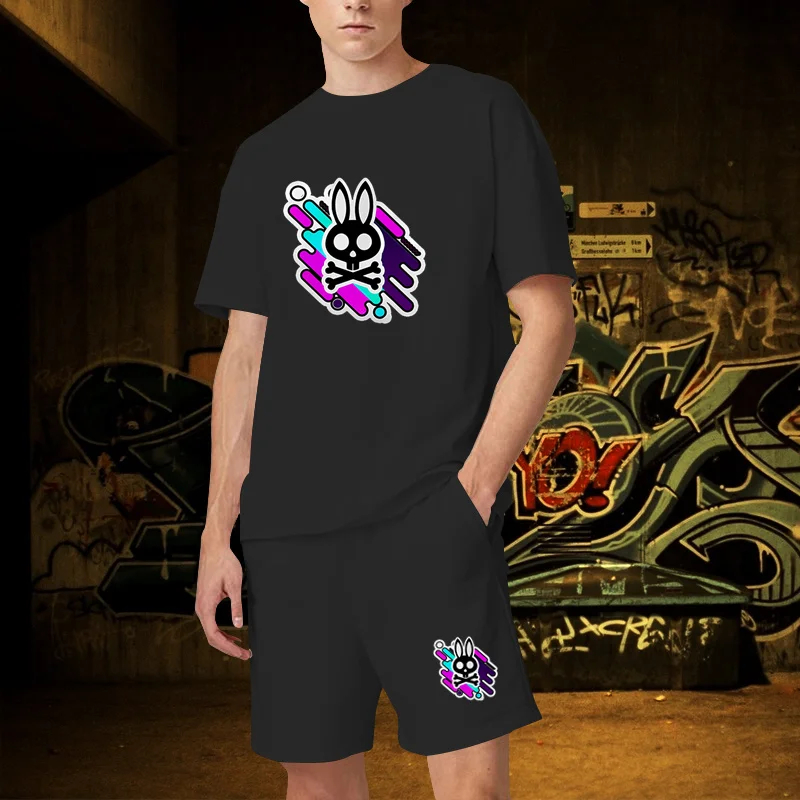Skull Bunny Print High Quality Pure Cotton Tracksuits outfits Man TShirts Shorts 2 Pieces Set Causal Oversized Summer Men Set