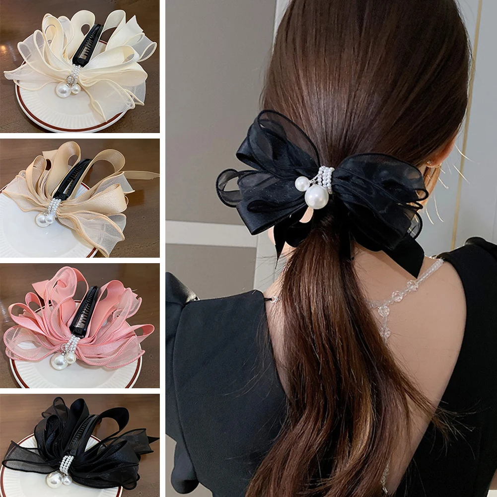

1Pcs /Set Korea Pearl Bow Banana Clip Vertical Card Ponytail Clip Vertical Clip Spring Sweet Hair Accessories 2022 Wholesale