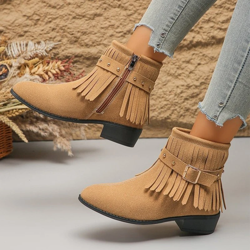 Desigenr/женские ботильоны с бахромой обувь на массивном кожаном каблуке острым