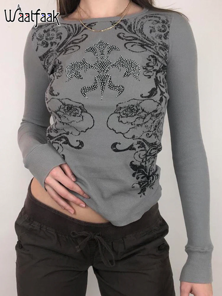 

Waatfaak Осенняя гранж графическая Винтажная Футболка Повседневная Techwear Стразы серая Y2K Ретро футболка с длинным рукавом Хлопок Harajuku корейский стиль