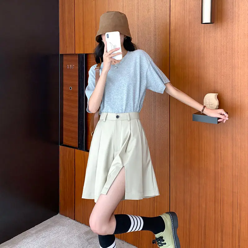 2023 Shorts Women Wide Leg Casual Side Slit Baggy High Waist Solid All-match Spring Design Trousers Aesthetic Fashion New W30