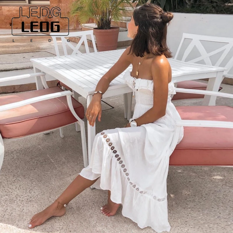 

LEDP Women's Dress Spring Summer Ladies Beach Dress Elegant Off-the-Shoulder Long Dress Lace-Up White Midi Dress Women Fashion