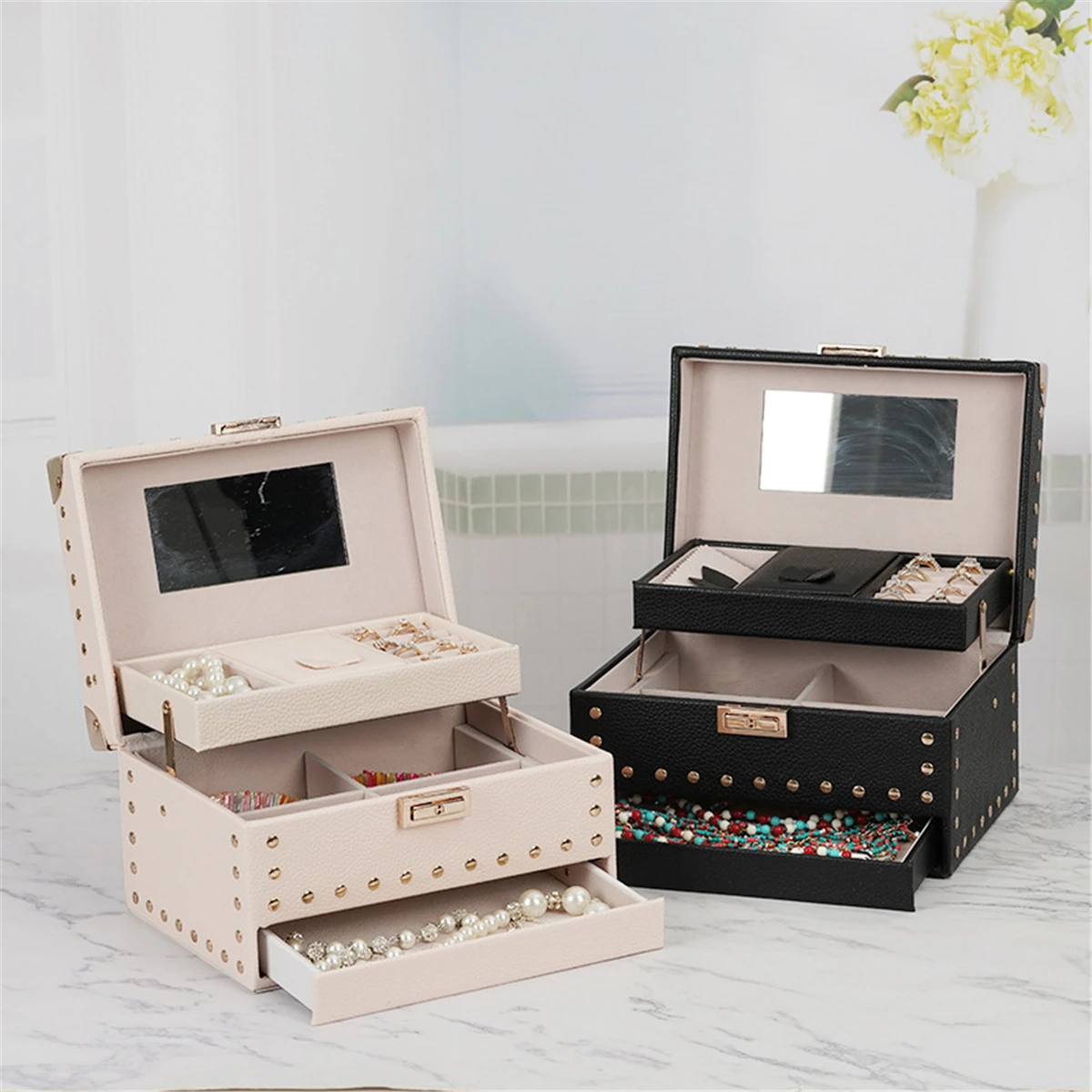 

Rivet Decoration PU Leather Jewelry Organizer Storage Display Boxes with Mirror for Space Saving Ring Earring Organization
