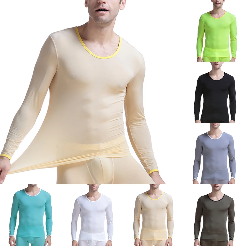 

Mens Transparent Sleepwear Ultra-thin Thermal Shirts Ice Silk Super Slim Top Long Sleeve T-Shirt Tights Tops Sexy Pajama M-XL