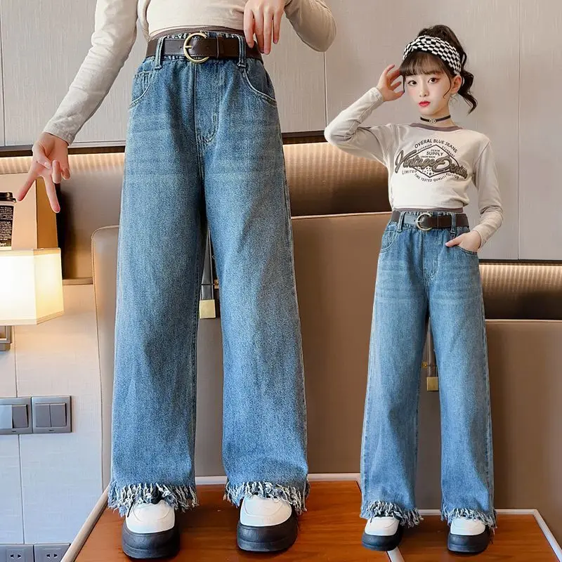 Джинсы с высокой талией для девочек-подростков, новинка 2023, Детские прямые брюки для девочек, Свободные повседневные стильные брюки, детская одежда G148
