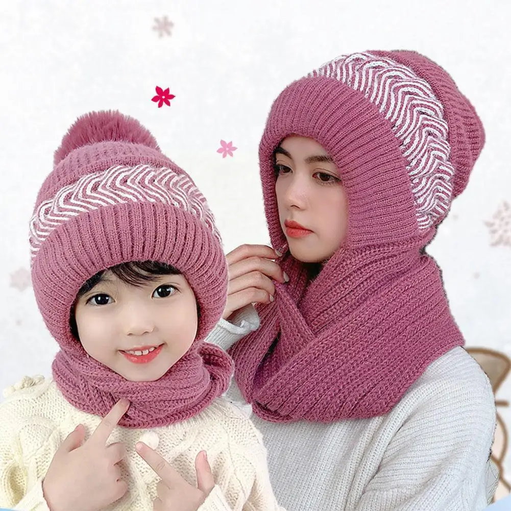 

Winter Warm Scarf Hat All In One Soft Thicken Conjoined Knitting Woolen For Casual Parent-child Kids Hat B9G3