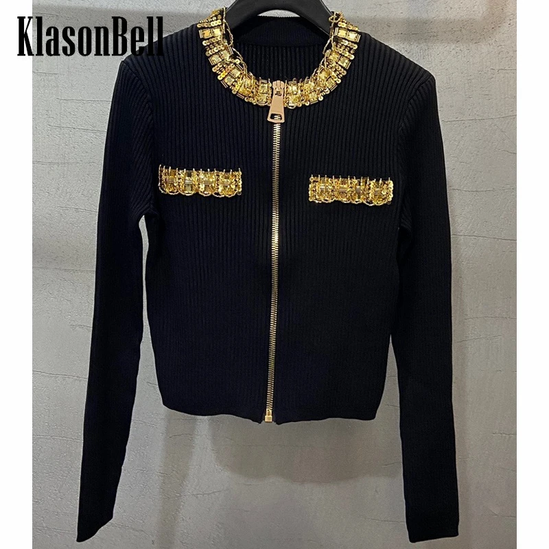 

5.11 KlasonBell Fashion Stretchy Slim Heavy Industry Sequins Beading Zipper Knitted Cardigan Women