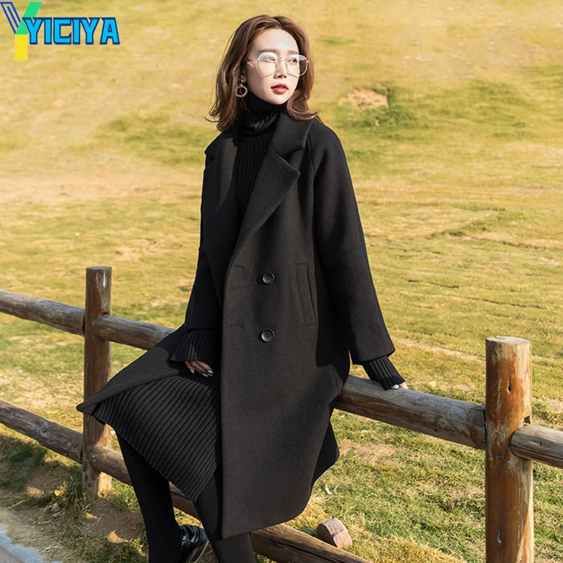 

YICIYA Autumn And Winter 2022 Fashion Women Coats Medium Length Thick Slim Black Coat Hepburn Tweed Jacket Woman's Trench Coat