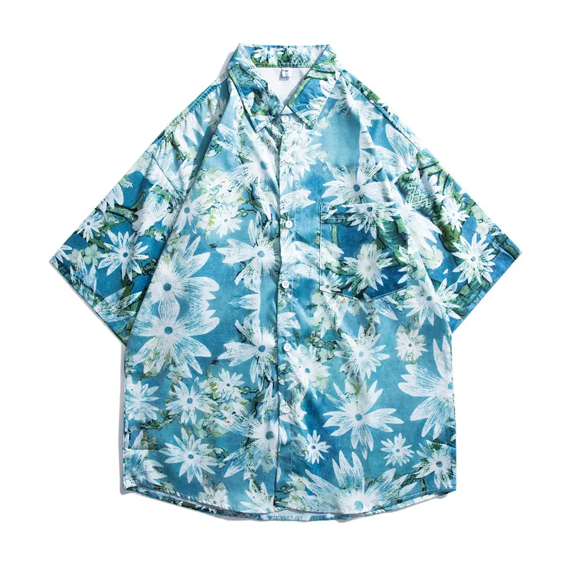 

Men's Hawaiian Shirt Quick Dry Tropical Aloha Shirts Summer Short Sleeve Beach Holiday Casual Floral Shirts Unisex Blue Blouses