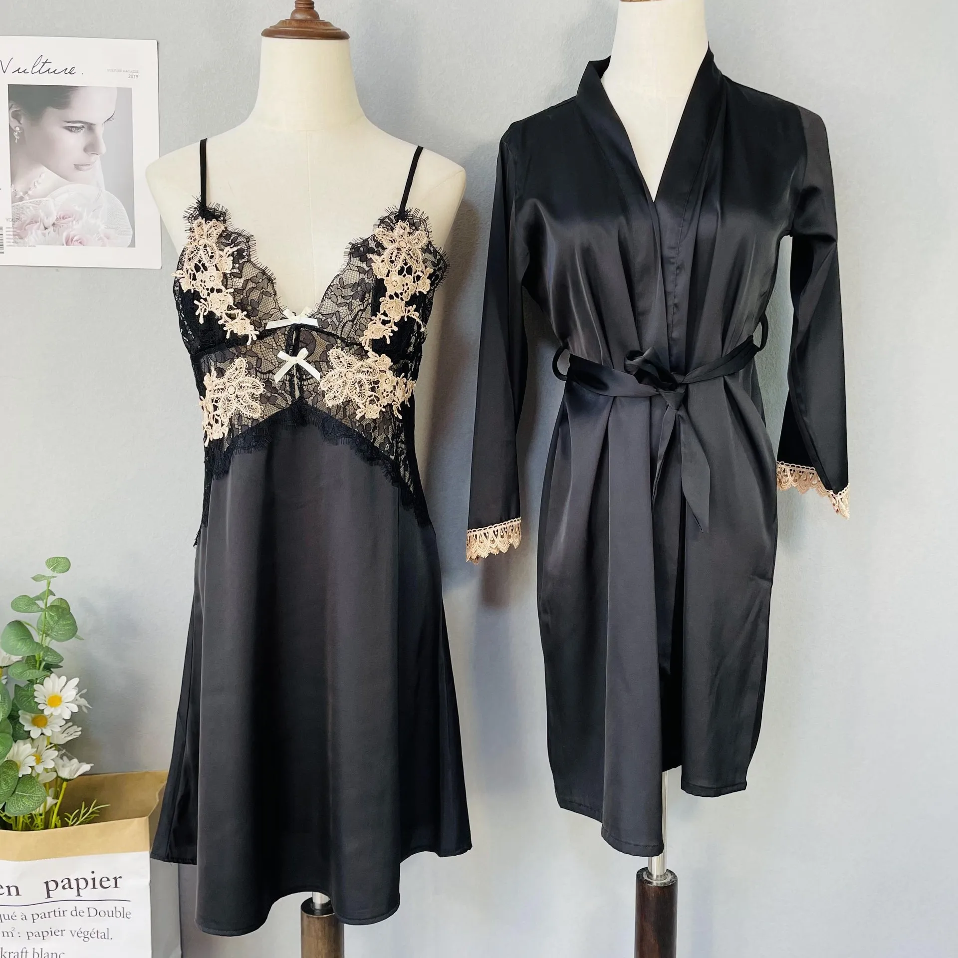 

Lace Sleepwear Women Nightwear Sexy 2PCS Kimono Robe Set Satin Bathrobe Long Sleeve Intimate Lingerie Home Dressing Gown