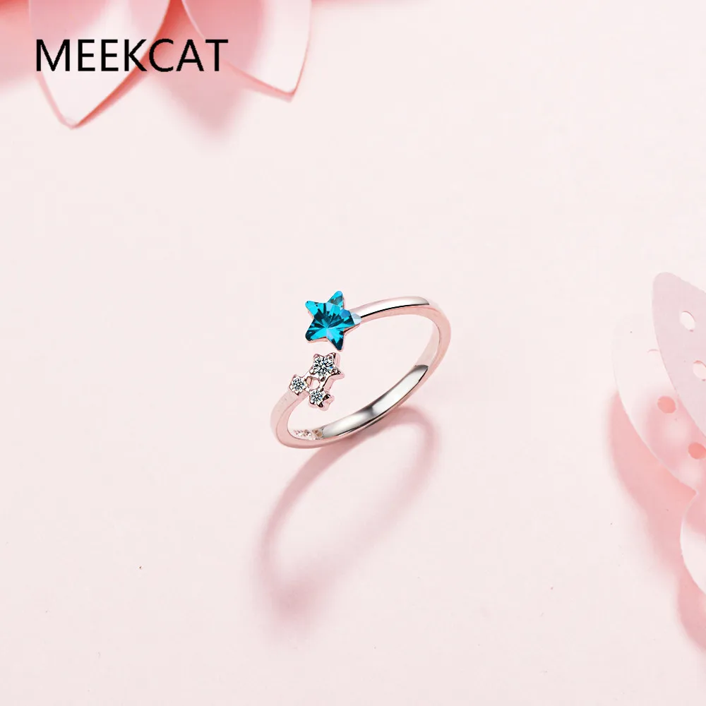 Настоящее кольцо из стерлингового серебра 925 пробы с синим кристаллом и звездой