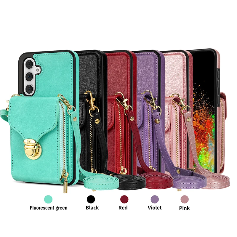 

Zipper Card Holder Case For Samsung Galaxy A54 A53 A52 A52S A51 A14 A13 4G A12 M12 A04 A14S S23 Plus S22 Luxury Long Strap Cover