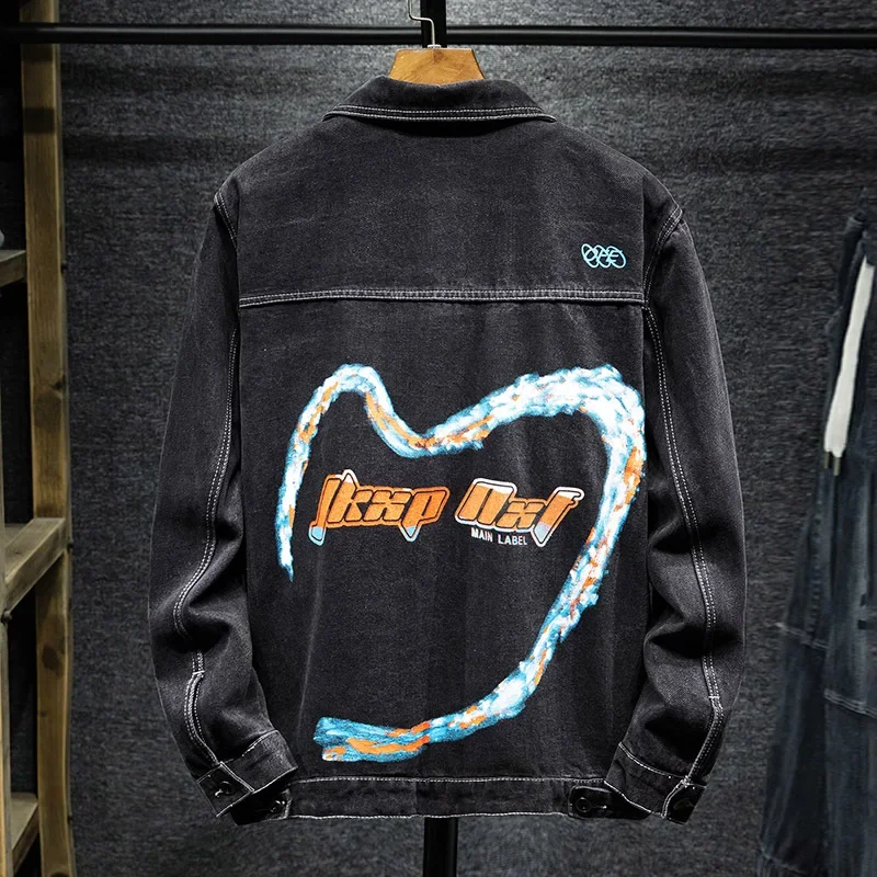 Весенне-осенняя свободная куртка больших размеров черная джинсовая мужская