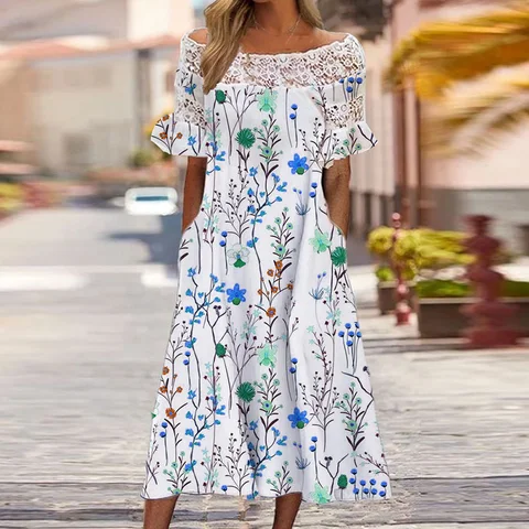 Summer Embroidery Lace Short Sleeve Dress Elegant Off Shoulder Print A-Line Party Dress Lady Slash Neck Patchwork Backless Dress