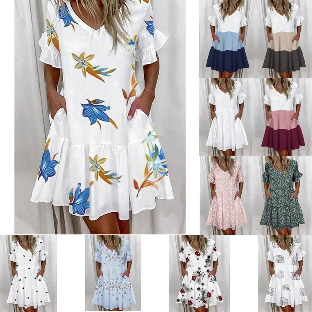 2023 Summer Loose Fashion V-Neck Short Print Ruffle Pocket Dress for Women