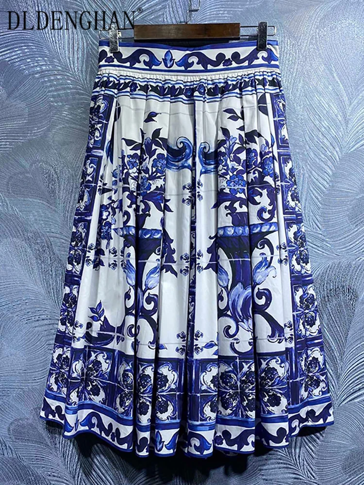 DLDENGHAN 100% Cotton Skirt Summer Spring New Fashion Design Women Runway High Quality Vintage Blue Flowers Print A-Line Knee
