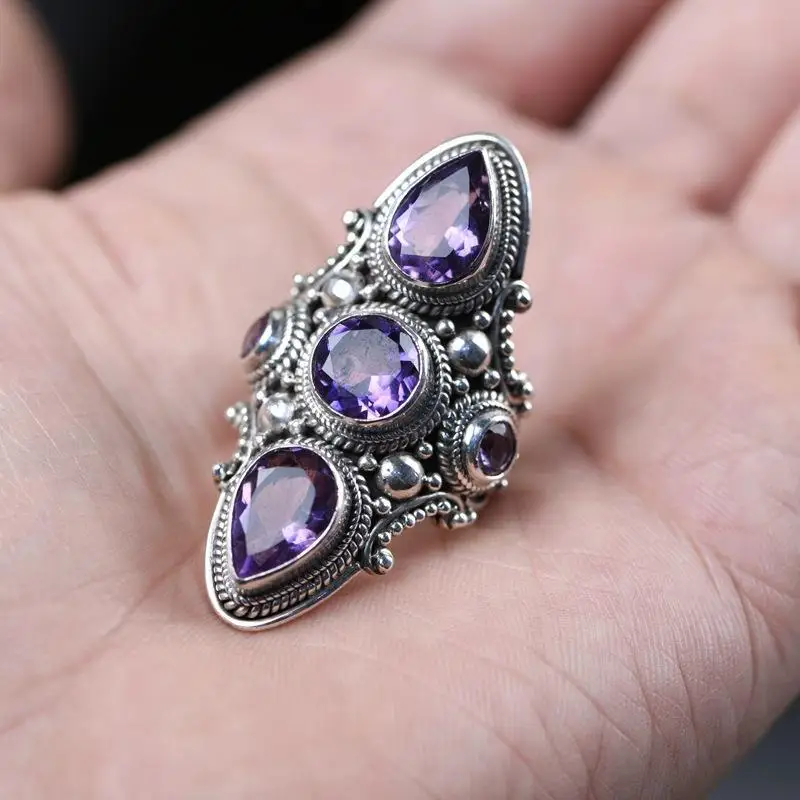 

Vintage Wide Ring High Quality Silver Alloy Rings Adjustable Opening Imitation Amethyst Exquisite Jewelry Accessories