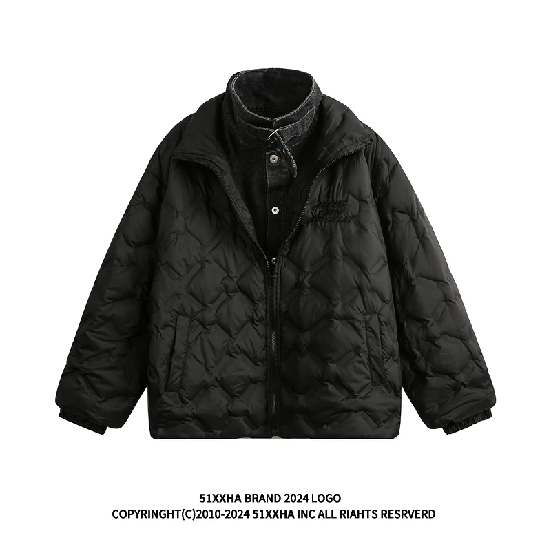 5 Hip-hop High Street Heavy Industry Denim Stitching Fake Two Pieces Down jacket Men's Fashion Brand American Pu Shuai ...