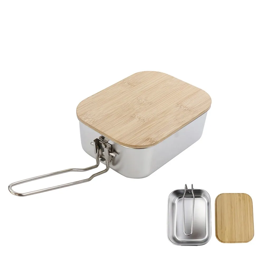 

Barbecue Camping Outdoor Picnic Lunch Box Wood Lid W/ Handle Wear Resistant Bamboo Food Storage Stainless Steel