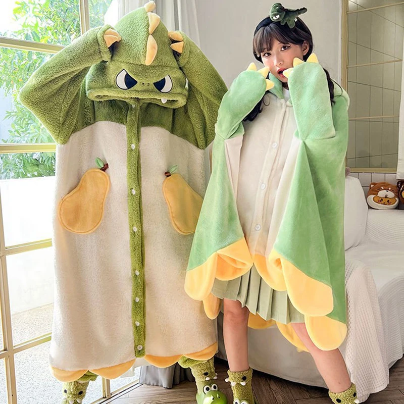 Winter Thicken Pyjamas Sleepwear Flannel Cartoon Dinosaur Nightgown Warm Home Wear Soft Pajamas for Women Girls Cute Nightshirts