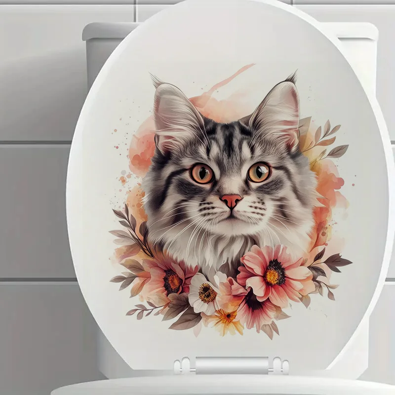 Фото MT892 #   Наклейки с цветочными котятами, съемные наклейки на стену для туалета, виниловые наклейки для декора ванной комнаты, для использования на улице и в помещении №5