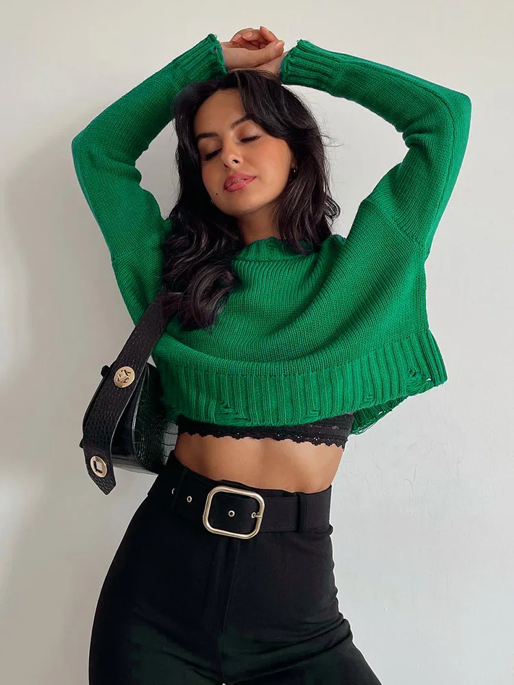 

Casual O-Neck Women Short Sweaters Autumn Streetwear Ripped Holes Loose Long Sleeve Knitted Cropped Pullovers