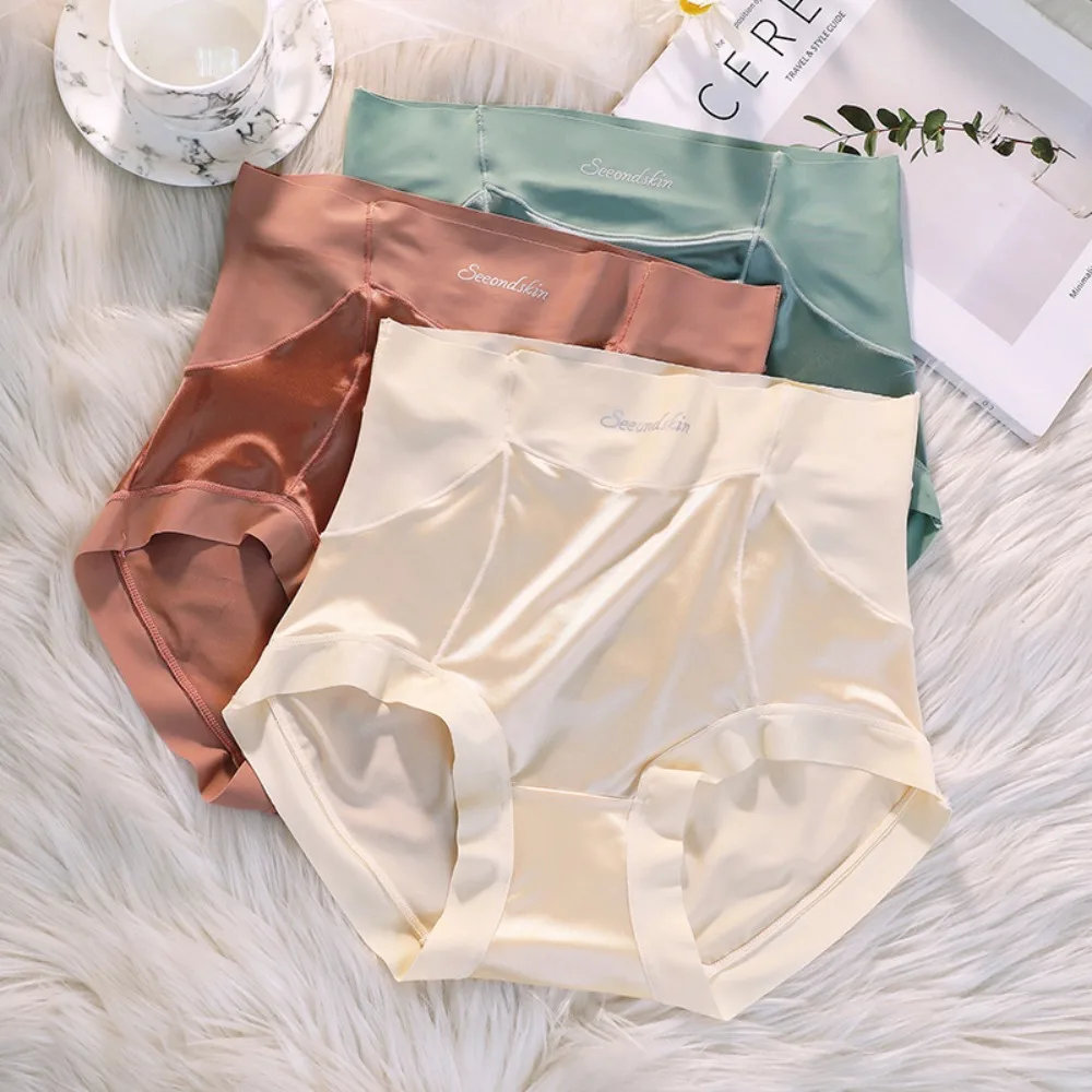 

Retro Comfortable Traceless Lingeries Solid Color Silk Korean Underwear Plus Size Briefs Satin Women Panties