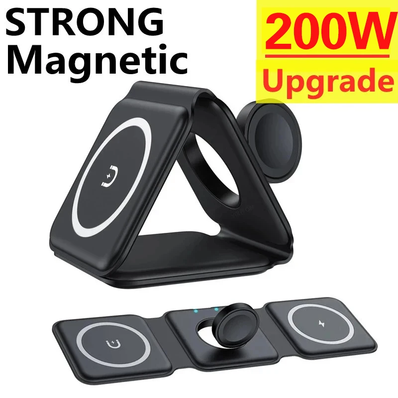 

200W 3 in 1 Magnetic Qi Wireless Charger Pad for iPhone 14 13 12 Pro Max Apple Watch AirPods Chargers Fast Charging Dock Station