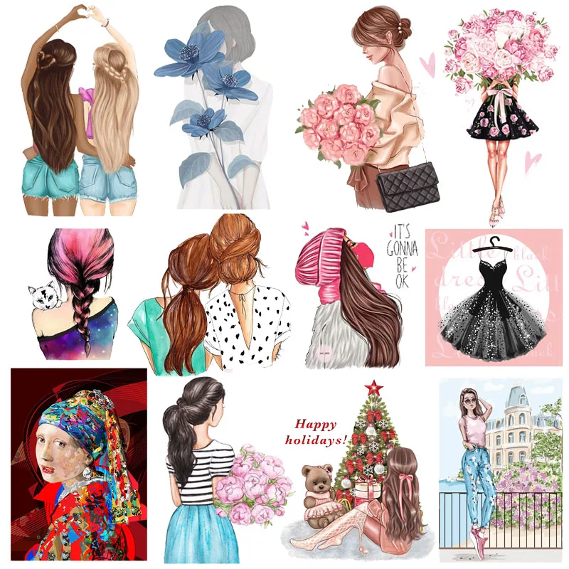 

Fashion Girl Iron On Transfers for Clothing Flowers Girl Stickers Thermal Patches For Clothes DIY Applique Heat Transfer Patch