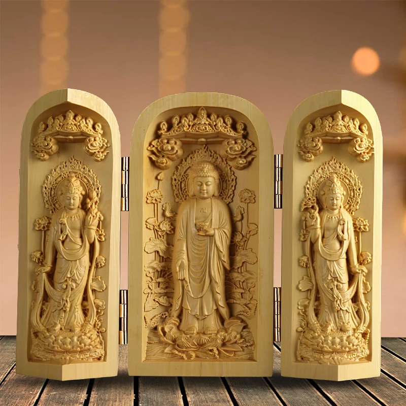 

Деревянная складная статуэтка Будды ручной работы, статуэтка, украшение для дома, ручная резьба, буддийская скульптура «Три святых Западно...