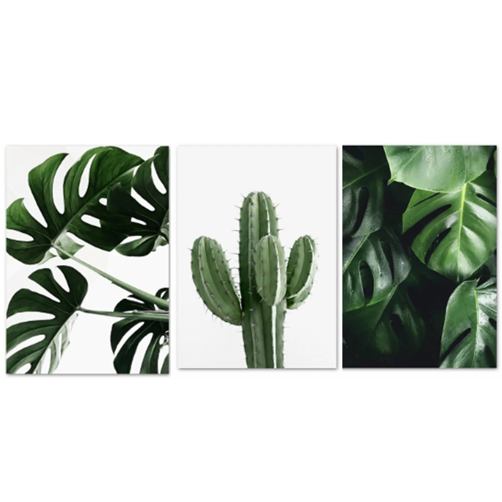 Картина на стену для декора комнаты "Эстетика интерьера" с изображением кактусов, тропической зелени и листьев на холсте.