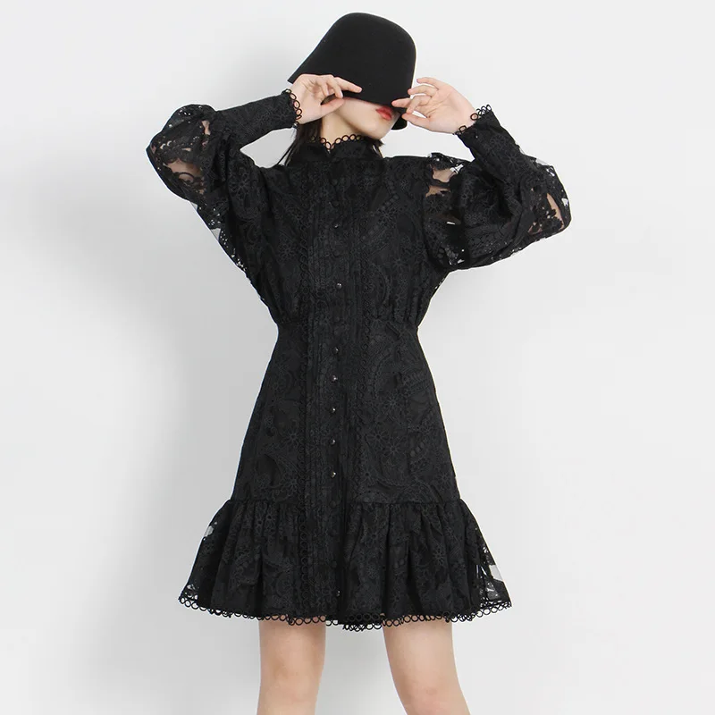 

Lace Hollow Out Dress Women Elegant Short A Line Dresses Long Sleeve Dresses Sexy Slim Single Breasted Pullover 2023 Vestidos