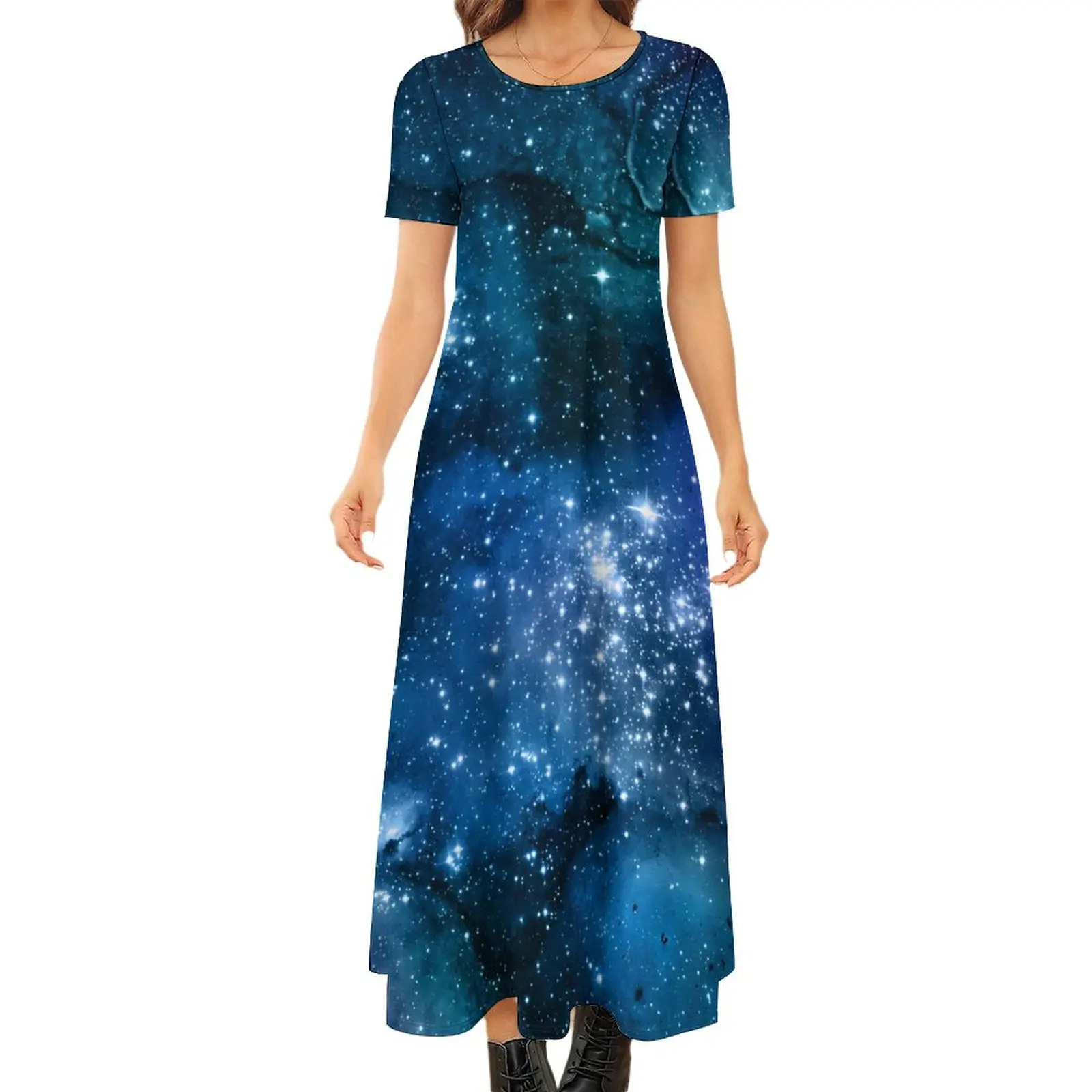 

Starry Space Print Dress Galaxy Lovers Kawaii Maxi Dress Short Sleeve Street Fashion Boho Beach Long Dresses Oversize Vestido