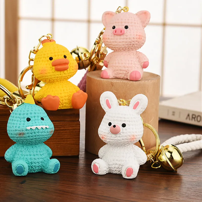 

Cartoon resin Yarn weave duck rabbit Dinosaur Pig Animal Keychain Couple Fashion Car Women Cute Backpack Pendant Key Chains Gift
