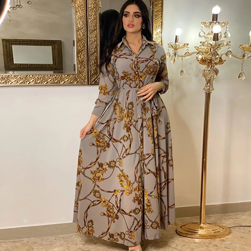 Elegant Printing Party Muslim Dress Abayas for Women Dubai 2023 Autumn Casual Arabic Gowns Middle East Robe Jalabia