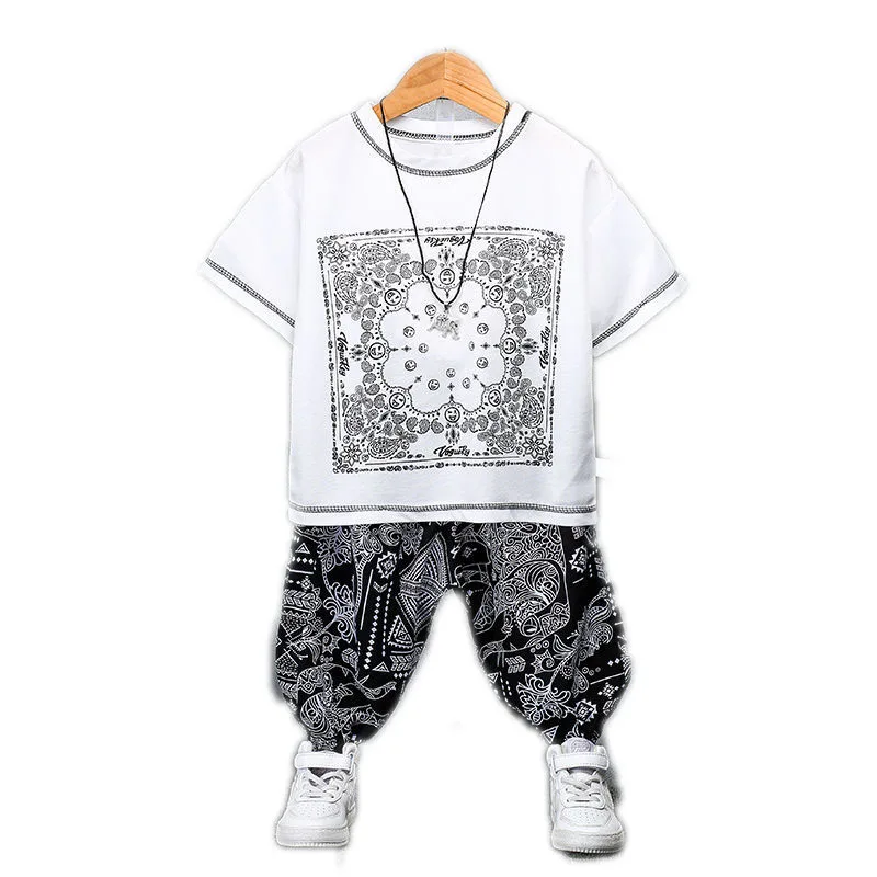 

Boys summer suit children's blue and white porcelain suit 2pcs