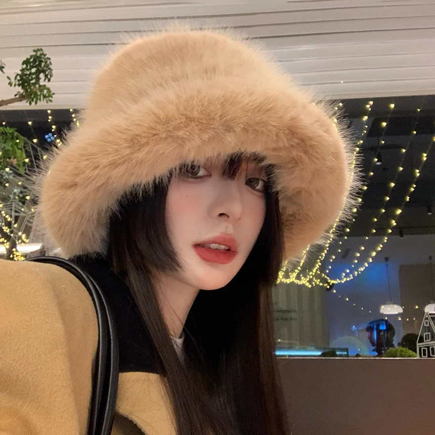 

2022 new fashion Crochet cap Imitation fur marten Hats Warm Genuine rabbit fur Cap Russian Women Luxury Panama bucket Hat