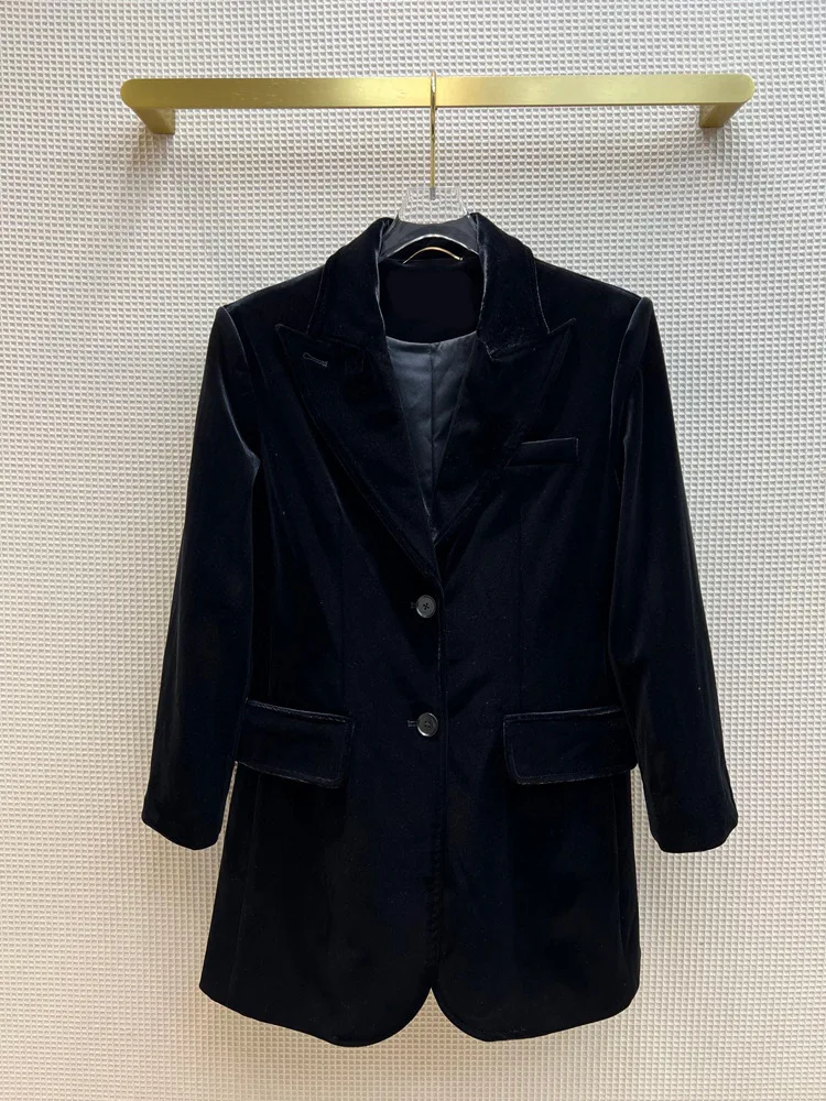 

Бархатный пиджак в французском ретро-стиле для женщин, пиджак средней длины, черный костюм, высококачественный пиджак с длинным рукавом, па...